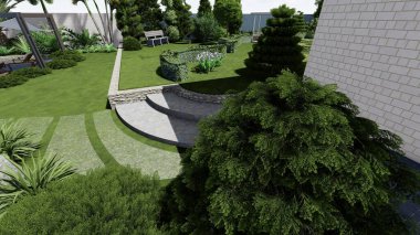 Memleketin peyzaj tasarımının 3 boyutlu görüntüsü. Bölgenin peyzajı. Birleşik peyzaj ve peyzaj çözümlerinin bilgisayar görselleştirmesi.