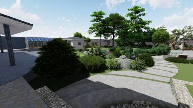 Memleketin peyzaj tasarımının 3 boyutlu görüntüsü. Bölgenin peyzajı. Birleşik peyzaj ve peyzaj çözümlerinin bilgisayar görselleştirmesi.