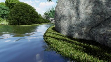 Memleketin peyzaj tasarımının 3 boyutlu görüntüsü. Bölgenin peyzajı. Birleşik peyzaj ve peyzaj çözümlerinin bilgisayar görselleştirmesi.