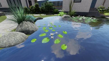 Memleketin peyzaj tasarımının 3 boyutlu görüntüsü. Bölgenin peyzajı. Birleşik peyzaj ve peyzaj çözümlerinin bilgisayar görselleştirmesi.