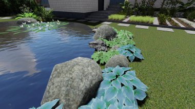 Memleketin peyzaj tasarımının 3 boyutlu görüntüsü. Bölgenin peyzajı. Birleşik peyzaj ve peyzaj çözümlerinin bilgisayar görselleştirmesi.