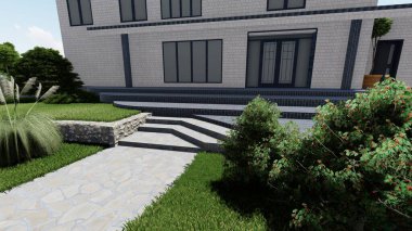 Memleketin peyzaj tasarımının 3 boyutlu görüntüsü. Bölgenin peyzajı. Birleşik peyzaj ve peyzaj çözümlerinin bilgisayar görselleştirmesi.