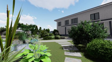 Memleketin peyzaj tasarımının 3 boyutlu görüntüsü. Bölgenin peyzajı. Birleşik peyzaj ve peyzaj çözümlerinin bilgisayar görselleştirmesi.