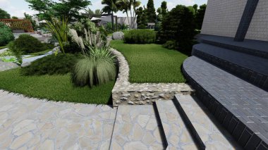 Memleketin peyzaj tasarımının 3 boyutlu görüntüsü. Bölgenin peyzajı. Birleşik peyzaj ve peyzaj çözümlerinin bilgisayar görselleştirmesi.