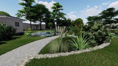 Memleketin peyzaj tasarımının 3 boyutlu görüntüsü. Bölgenin peyzajı. Birleşik peyzaj ve peyzaj çözümlerinin bilgisayar görselleştirmesi.