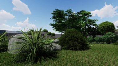 Memleketin peyzaj tasarımının 3 boyutlu görüntüsü. Bölgenin peyzajı. Birleşik peyzaj ve peyzaj çözümlerinin bilgisayar görselleştirmesi.