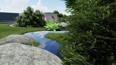 Memleketin peyzaj tasarımının 3 boyutlu görüntüsü. Bölgenin peyzajı. Birleşik peyzaj ve peyzaj çözümlerinin bilgisayar görselleştirmesi.