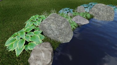 Memleketin peyzaj tasarımının 3 boyutlu görüntüsü. Bölgenin peyzajı. Birleşik peyzaj ve peyzaj çözümlerinin bilgisayar görselleştirmesi.