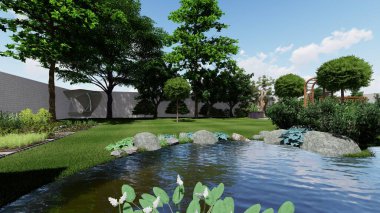 Memleketin peyzaj tasarımının 3 boyutlu görüntüsü. Bölgenin peyzajı. Birleşik peyzaj ve peyzaj çözümlerinin bilgisayar görselleştirmesi.