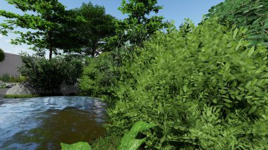 Memleketin peyzaj tasarımının 3 boyutlu görüntüsü. Bölgenin peyzajı. Birleşik peyzaj ve peyzaj çözümlerinin bilgisayar görselleştirmesi.