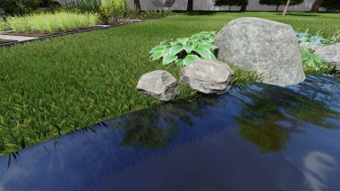 Memleketin peyzaj tasarımının 3 boyutlu görüntüsü. Bölgenin peyzajı. Birleşik peyzaj ve peyzaj çözümlerinin bilgisayar görselleştirmesi.