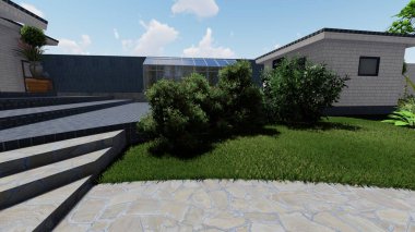 Memleketin peyzaj tasarımının 3 boyutlu görüntüsü. Bölgenin peyzajı. Birleşik peyzaj ve peyzaj çözümlerinin bilgisayar görselleştirmesi.