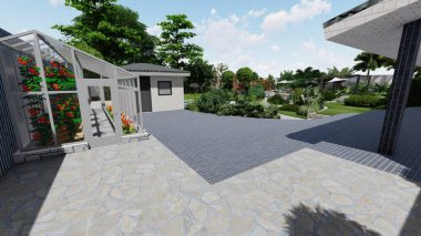 Memleketin peyzaj tasarımının 3 boyutlu görüntüsü. Bölgenin peyzajı. Birleşik peyzaj ve peyzaj çözümlerinin bilgisayar görselleştirmesi.