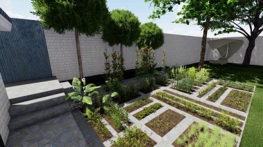 Memleketin peyzaj tasarımının 3 boyutlu görüntüsü. Bölgenin peyzajı. Birleşik peyzaj ve peyzaj çözümlerinin bilgisayar görselleştirmesi.