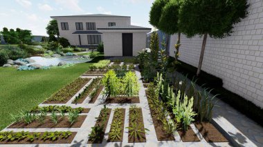 Memleketin peyzaj tasarımının 3 boyutlu görüntüsü. Bölgenin peyzajı. Birleşik peyzaj ve peyzaj çözümlerinin bilgisayar görselleştirmesi.