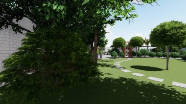 Memleketin peyzaj tasarımının 3 boyutlu görüntüsü. Bölgenin peyzajı. Birleşik peyzaj ve peyzaj çözümlerinin bilgisayar görselleştirmesi.