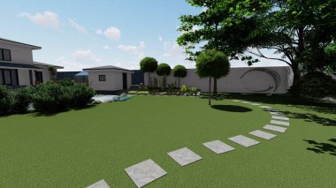 Memleketin peyzaj tasarımının 3 boyutlu görüntüsü. Bölgenin peyzajı. Birleşik peyzaj ve peyzaj çözümlerinin bilgisayar görselleştirmesi.