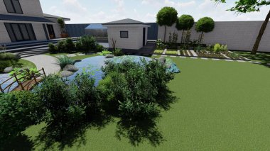 Memleketin peyzaj tasarımının 3 boyutlu görüntüsü. Bölgenin peyzajı. Birleşik peyzaj ve peyzaj çözümlerinin bilgisayar görselleştirmesi.