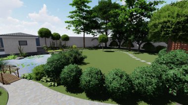 Memleketin peyzaj tasarımının 3 boyutlu görüntüsü. Bölgenin peyzajı. Birleşik peyzaj ve peyzaj çözümlerinin bilgisayar görselleştirmesi.