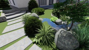 Memleketin peyzaj tasarımının 3 boyutlu görüntüsü. Bölgenin peyzajı. Birleşik peyzaj ve peyzaj çözümlerinin bilgisayar görselleştirmesi.