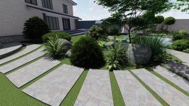 Memleketin peyzaj tasarımının 3 boyutlu görüntüsü. Bölgenin peyzajı. Birleşik peyzaj ve peyzaj çözümlerinin bilgisayar görselleştirmesi.