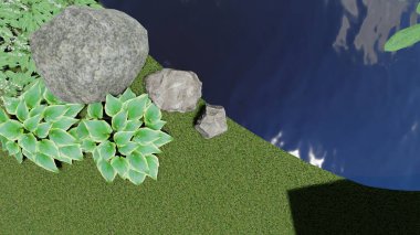 Memleketin peyzaj tasarımının 3 boyutlu görüntüsü. Bölgenin peyzajı. Birleşik peyzaj ve peyzaj çözümlerinin bilgisayar görselleştirmesi.