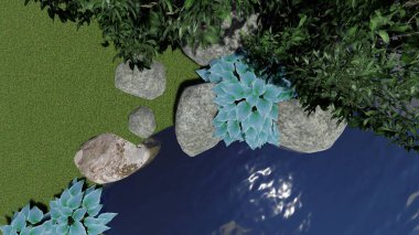 Memleketin peyzaj tasarımının 3 boyutlu görüntüsü. Bölgenin peyzajı. Birleşik peyzaj ve peyzaj çözümlerinin bilgisayar görselleştirmesi.