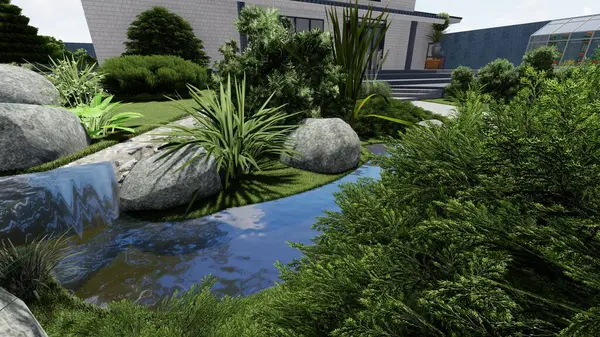 Memleketin peyzaj tasarımının 3 boyutlu görüntüsü. Bölgenin peyzajı. Birleşik peyzaj ve peyzaj çözümlerinin bilgisayar görselleştirmesi.