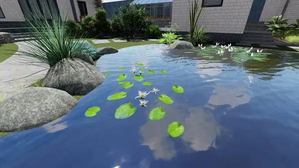 Memleketin peyzaj tasarımının 3 boyutlu görüntüsü. Bölgenin peyzajı. Birleşik peyzaj ve peyzaj çözümlerinin bilgisayar görselleştirmesi.