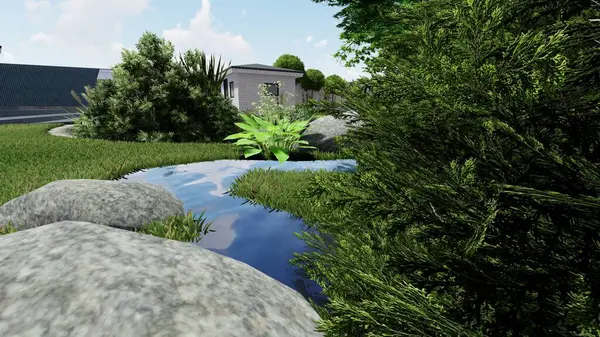 Memleketin peyzaj tasarımının 3 boyutlu görüntüsü. Bölgenin peyzajı. Birleşik peyzaj ve peyzaj çözümlerinin bilgisayar görselleştirmesi.