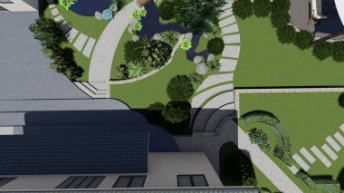 Memleketin peyzaj tasarımının 3 boyutlu görüntüsü. Bölgenin peyzajı. Birleşik peyzaj ve peyzaj çözümlerinin bilgisayar görselleştirmesi.