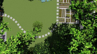 Memleketin peyzaj tasarımının 3 boyutlu görüntüsü. Bölgenin peyzajı. Birleşik peyzaj ve peyzaj çözümlerinin bilgisayar görselleştirmesi.