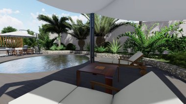 Memleketin peyzaj tasarımının 3 boyutlu görüntüsü. Bölgenin peyzajı. Birleşik peyzaj ve peyzaj çözümlerinin bilgisayar görselleştirmesi.