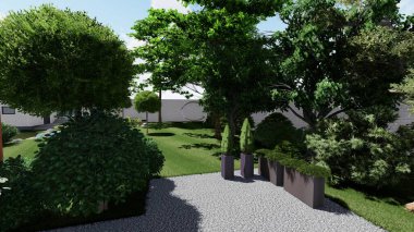 Memleketin peyzaj tasarımının 3 boyutlu görüntüsü. Bölgenin peyzajı. Birleşik peyzaj ve peyzaj çözümlerinin bilgisayar görselleştirmesi.