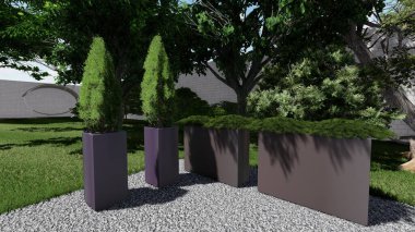 Memleketin peyzaj tasarımının 3 boyutlu görüntüsü. Bölgenin peyzajı. Birleşik peyzaj ve peyzaj çözümlerinin bilgisayar görselleştirmesi.