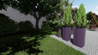 Memleketin peyzaj tasarımının 3 boyutlu görüntüsü. Bölgenin peyzajı. Birleşik peyzaj ve peyzaj çözümlerinin bilgisayar görselleştirmesi.