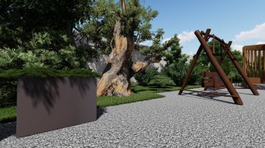 Memleketin peyzaj tasarımının 3 boyutlu görüntüsü. Bölgenin peyzajı. Birleşik peyzaj ve peyzaj çözümlerinin bilgisayar görselleştirmesi.