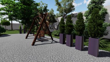 Memleketin peyzaj tasarımının 3 boyutlu görüntüsü. Bölgenin peyzajı. Birleşik peyzaj ve peyzaj çözümlerinin bilgisayar görselleştirmesi.