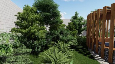 Memleketin peyzaj tasarımının 3 boyutlu görüntüsü. Bölgenin peyzajı. Birleşik peyzaj ve peyzaj çözümlerinin bilgisayar görselleştirmesi.