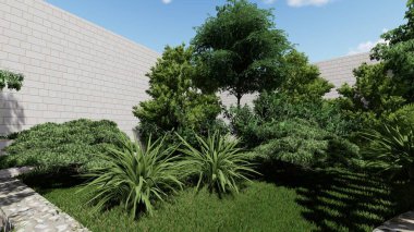 Memleketin peyzaj tasarımının 3 boyutlu görüntüsü. Bölgenin peyzajı. Birleşik peyzaj ve peyzaj çözümlerinin bilgisayar görselleştirmesi.