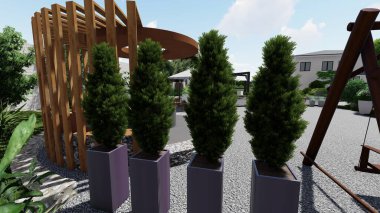 Memleketin peyzaj tasarımının 3 boyutlu görüntüsü. Bölgenin peyzajı. Birleşik peyzaj ve peyzaj çözümlerinin bilgisayar görselleştirmesi.