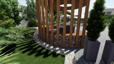 Memleketin peyzaj tasarımının 3 boyutlu görüntüsü. Bölgenin peyzajı. Birleşik peyzaj ve peyzaj çözümlerinin bilgisayar görselleştirmesi.