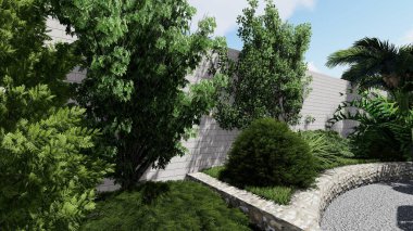 Memleketin peyzaj tasarımının 3 boyutlu görüntüsü. Bölgenin peyzajı. Birleşik peyzaj ve peyzaj çözümlerinin bilgisayar görselleştirmesi.