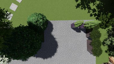 Memleketin peyzaj tasarımının 3 boyutlu görüntüsü. Bölgenin peyzajı. Birleşik peyzaj ve peyzaj çözümlerinin bilgisayar görselleştirmesi.