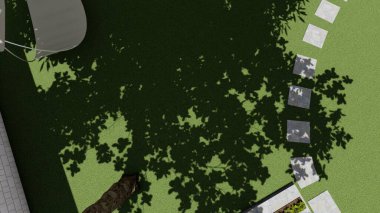 Memleketin peyzaj tasarımının 3 boyutlu görüntüsü. Bölgenin peyzajı. Birleşik peyzaj ve peyzaj çözümlerinin bilgisayar görselleştirmesi.