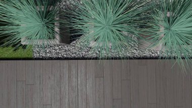 Memleketin peyzaj tasarımının 3 boyutlu görüntüsü. Bölgenin peyzajı. Birleşik peyzaj ve peyzaj çözümlerinin bilgisayar görselleştirmesi.