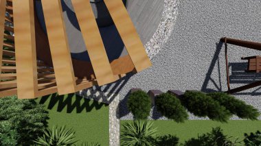 Memleketin peyzaj tasarımının 3 boyutlu görüntüsü. Bölgenin peyzajı. Birleşik peyzaj ve peyzaj çözümlerinin bilgisayar görselleştirmesi.