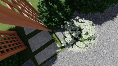 Memleketin peyzaj tasarımının 3 boyutlu görüntüsü. Bölgenin peyzajı. Birleşik peyzaj ve peyzaj çözümlerinin bilgisayar görselleştirmesi.