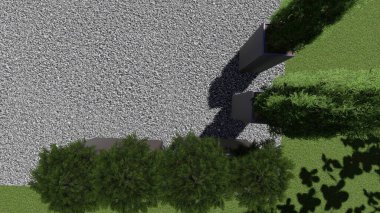 Memleketin peyzaj tasarımının 3 boyutlu görüntüsü. Bölgenin peyzajı. Birleşik peyzaj ve peyzaj çözümlerinin bilgisayar görselleştirmesi.