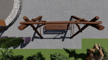 Memleketin peyzaj tasarımının 3 boyutlu görüntüsü. Bölgenin peyzajı. Birleşik peyzaj ve peyzaj çözümlerinin bilgisayar görselleştirmesi.